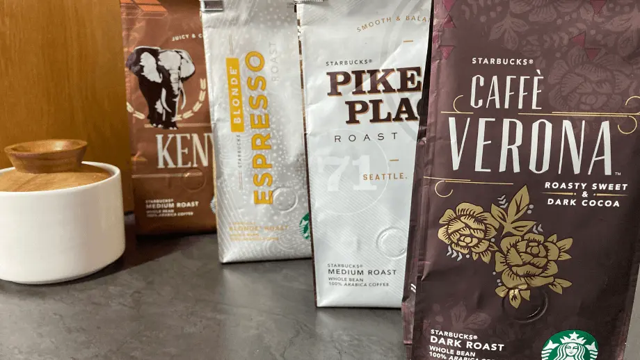 Four different packages of coffee.