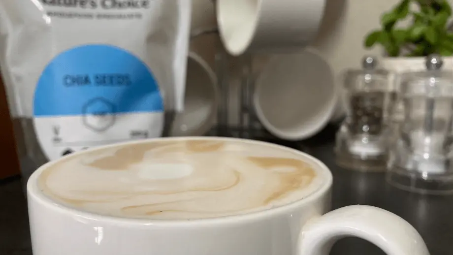 Chia coffee latte in white mug.