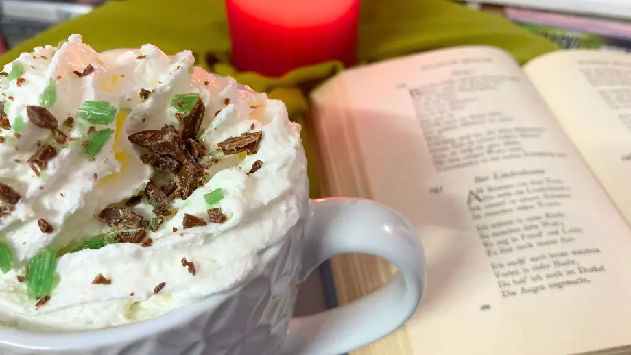 Peppermint mocha latte and a book.