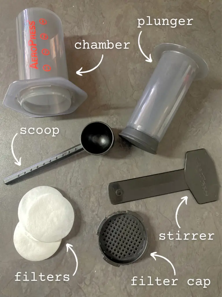chamber, plunger, scoop, stirrer, filters, filter cap